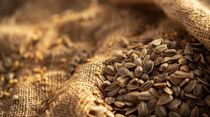 Sunflower seeds on sackcloth material with shallow depth of field.