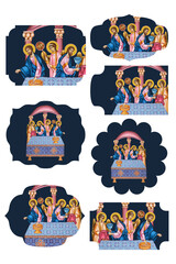 Holy Communion. Deep blue religious gift tags in Byzantine style on white background