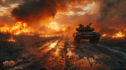 Armored tank crosses a mine field during war invasion epic scene of fire and some in destroyed city.