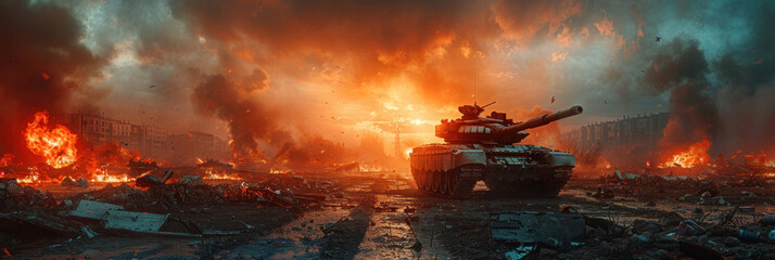 Armored tank crosses a mine field during war invasion epic scene of fire and some in destroyed city. - obrazy, fototapety, plakaty