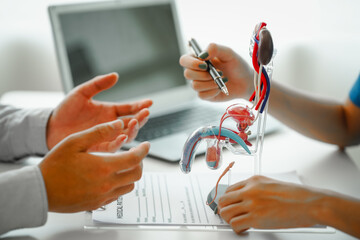 Meeting appointment, Prostate cancer, sexual dysfunction, In a clinic room, female doctor conducts...