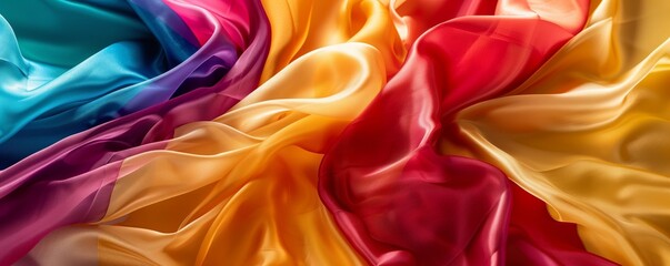 Obraz premium Many colorful silk materials wave in the wind, mixing together, with copy space.