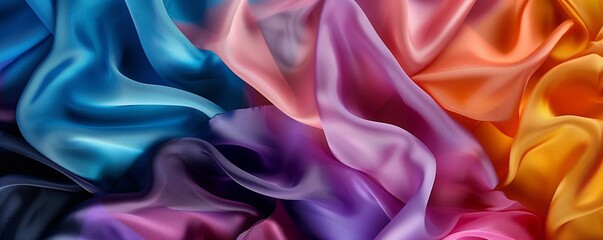 Obraz premium Many colorful silk materials wave in the wind, intertwining with room for copy space.