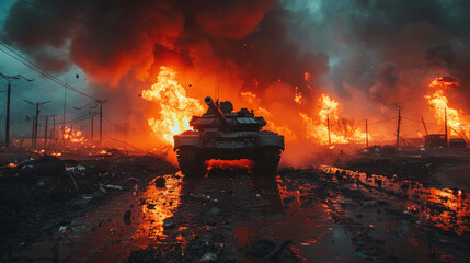 Armored tank crosses a mine field during war invasion epic scene of fire and some in destroyed city. - obrazy, fototapety, plakaty