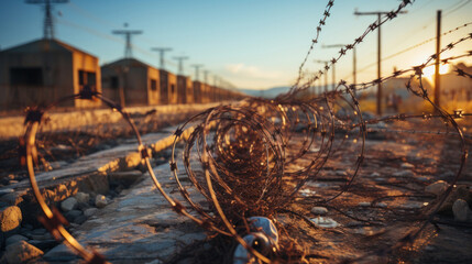 Barbed wire and barbed wire fence to prevent intruders, anti-refugee group entering wall in control facility.