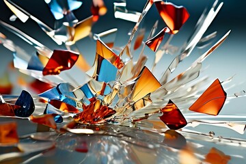 A shattered glass with colorful fragments flying out, representing the fragmentation of memory and identity in dementia and Alzheimer’s - obrazy, fototapety, plakaty