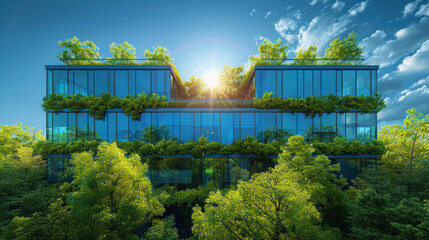 Building reflects nature and, sustainable glass building for reducing heat and carbon dioxide, Office building with a green environment, Eco-friendly building in the city