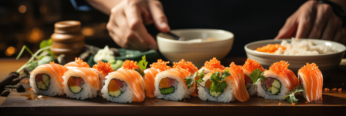 Close up hand of Professional chef hands preparing Sushi maki rolls and arrange and decorate it as a wide banner with copy space area for fine dining in Japanese.