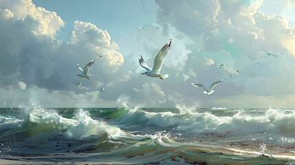 Seagulls by the sea shore on a windy day - obrazy, fototapety, plakaty