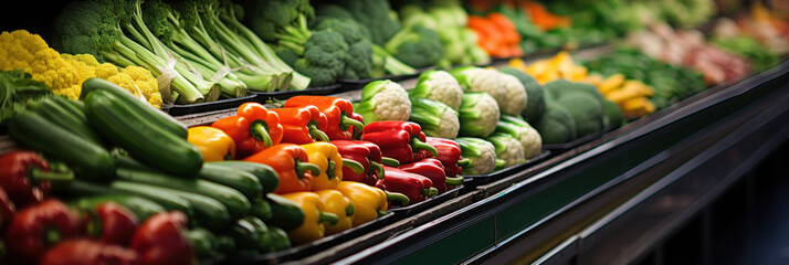 Fototapeta premium Supermarket aisle and Fresh vegetables on the shelf, with colorful shelves, diverse assortment of products.