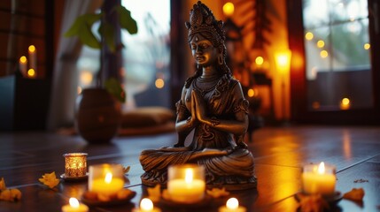 Serene Meditation Room with Buddha Statue and Lighted Candles. Fictional Character Created By Generated By Generated AI.
