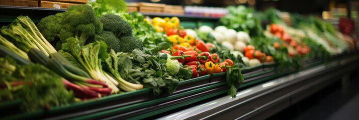 Supermarket aisle and Fresh vegetables on the shelf, with colorful shelves, diverse assortment of products. - obrazy, fototapety, plakaty