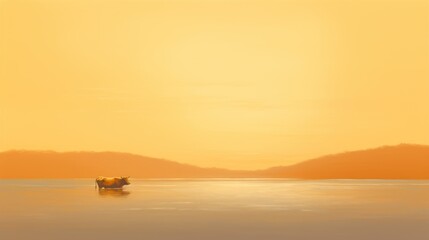 a cow standing middle large body of water in front yellow sky with mountains background.