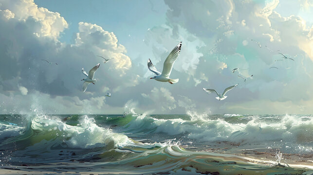Seagulls by the sea shore on a windy day