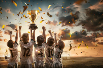 Kids in a sports team raise a golden trophy. Boys have fun in a football team. Children celebrate...