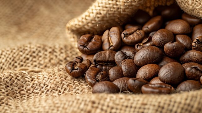 Coffee beans on a sackcloth material with a shallow depth of field.