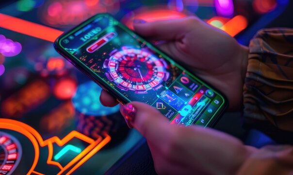 A gamer holding a mobile phone with online casino app interface, neon glowing