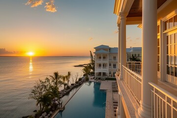 A lavish resort featuring balconies overlooking the ocean, providing stunning views of the shimmering waters during sunset - obrazy, fototapety, plakaty