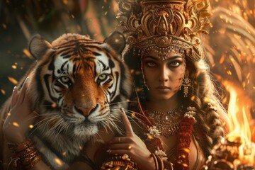Beautiful Indian Woman and Tiger. Fictional Character Created By Generated By Generated AI.