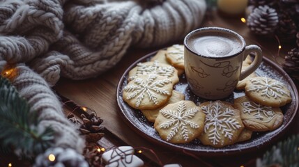 a cup of hot chocolate next to a plate of cookies and a pile of pine cones on a wooden table.