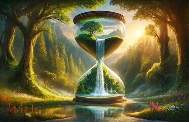 a gigantic hourglass containing a waterfall amidst nature