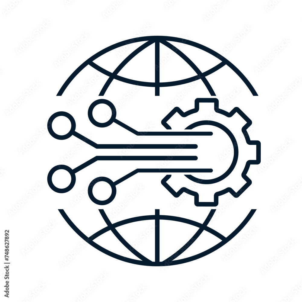 Poster global world implementation of computer technologies. vector linear icon isolated on white backgroun