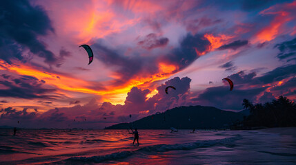 Silhouette people kitesurfing sunset clouds. Koh Pha - obrazy, fototapety, plakaty