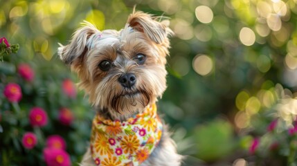 An exuberant dog sports a colorful birthday bandana, its eyes sparkling with joy outdoors. birthday dog