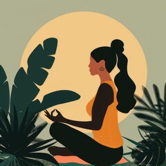 woman meditates background nature, girl sitting side, flat design