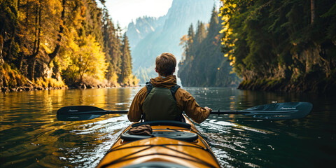 A kayaker paddles through a serene mountain lake surrounded by steep cliffs and forest. - obrazy, fototapety, plakaty