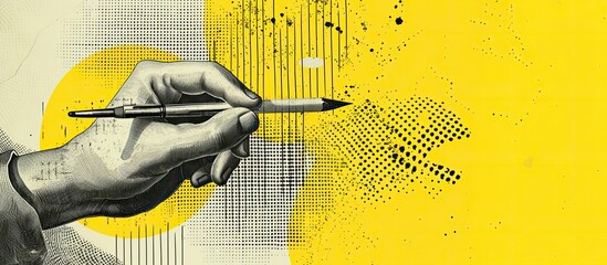 Hand with pen, writer handing pencil in halftone grunge style. Template with copyspace, vintage education background. AI generated