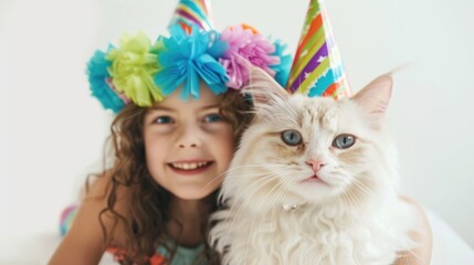 Girl and cat enjoying a party. A joyful girl and her cat are all smiles, wearing party hats in a festive celebration. Birthday celebration