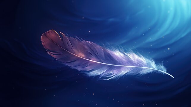 a close up of a purple feather on a blue background with a blurry image of the sky in the background.