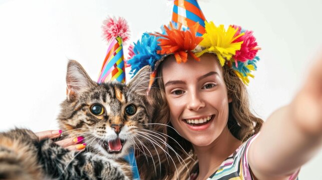 Festive Selfie with Colorful Cat and Owner. A young woman and her cat celebrate in style, both adorned with vibrant party hats, sharing a joyous and playful moment in a selfie. Birthday cat