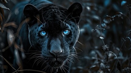 a close up of a black tiger with blue eyes and a blurry background of grass and plants with leaves.