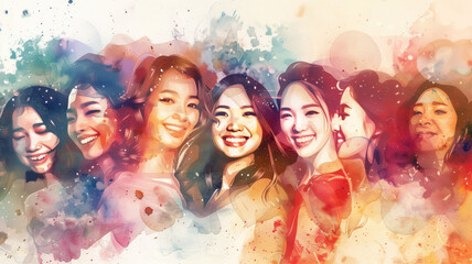 Happy Women's Group Celebrating International Women’s Day Together, Watercolor Style Illustration Created by Generative AI - obrazy, fototapety, plakaty