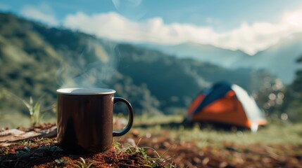Drinks and camping concept,cup of coffee on camping tent in the mountains