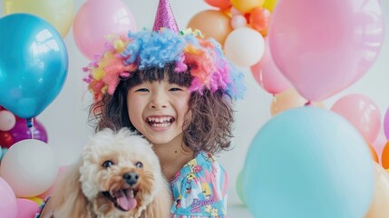 Fototapeta na wymiar Girl and dog enjoying a party. A joyful girl and her dog are all smiles, wearing party hats in a festive celebration. Birthday celebration