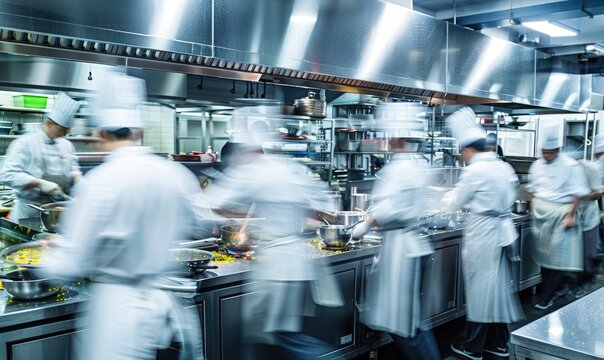 Group of chefs cooking in a large restaurant kitchen, motion blurred effect