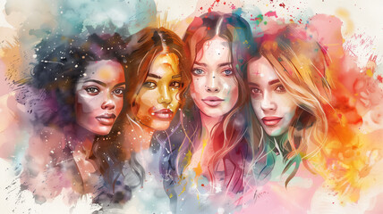 Happy Women's Group Celebrating International Women’s Day Together, Watercolor Style Illustration Created by Generative AI - obrazy, fototapety, plakaty
