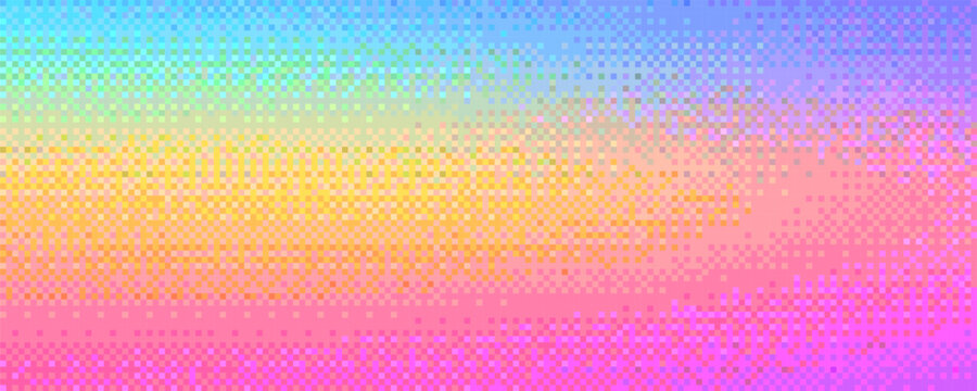 Pixelated rainbow holographic blurred gradient background with dithering effect. Colorful pixel art mosaic texture in summer tones. Vintage retro video game background. Vector illustration in 8-bit