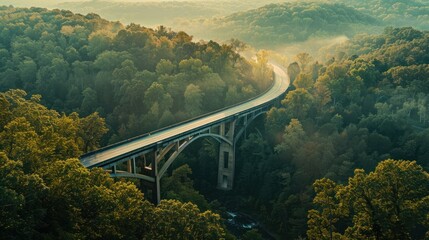 Aerial view of a large bridge crossing a beautiful forest.  - obrazy, fototapety, plakaty