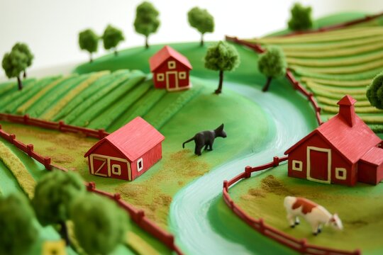 farm landscape with three-dimensional elements, rural landscape with farm fields and domestic animals