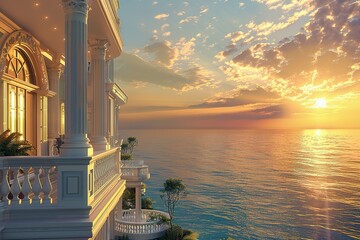 A lavish resort featuring balconies overlooking the ocean, providing stunning views of the shimmering waters during sunset - obrazy, fototapety, plakaty