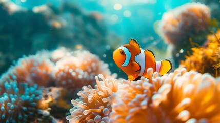 Fototapeta na wymiar Clownfish Swimming Amongst Coral Reefs. Generative AI.