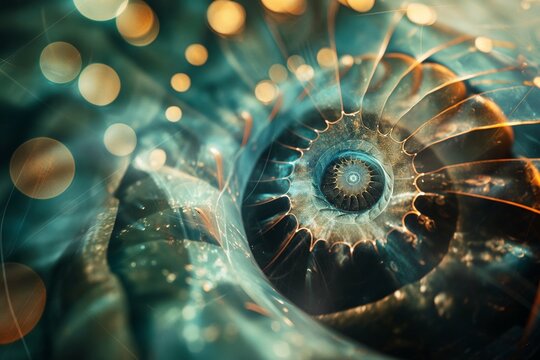 Fibonacci sequence, fractal design, digital lighting. Illustration of spiral arrangement in nature