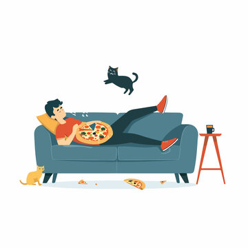 Man lies on sofa with cat eats pizza and drinks coffe