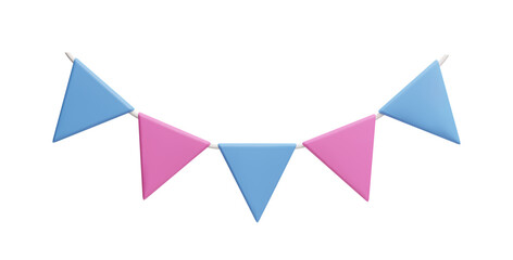 3D pink and blue flag garland isolated on white. Boy or girl baby shower party decoration banner. Happy birthday party hanging bunting festoon. Anniversary celebration 3D triangle flags.