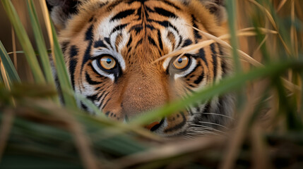 Fototapeta premium Stealthy Tiger Gazing from the Grass Patch. Generative AI.