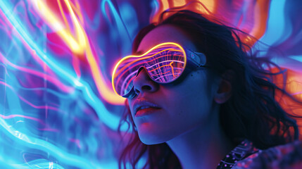 A person surrounded by vibrant neon lights creating an abstract, colorful atmosphere. This image is perfect for: nightlife, abstract art, lighting effects.